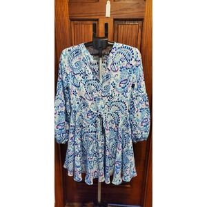 NWOT Prettywear Womens Paisley Blue/white Long Sleeve Dress Flowy Button Top